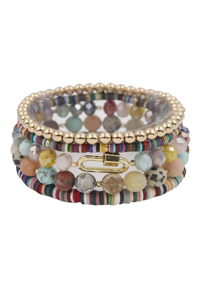 CRYSTAL METAL NATURAL STONE BEAD STRETCH BRACELET SET