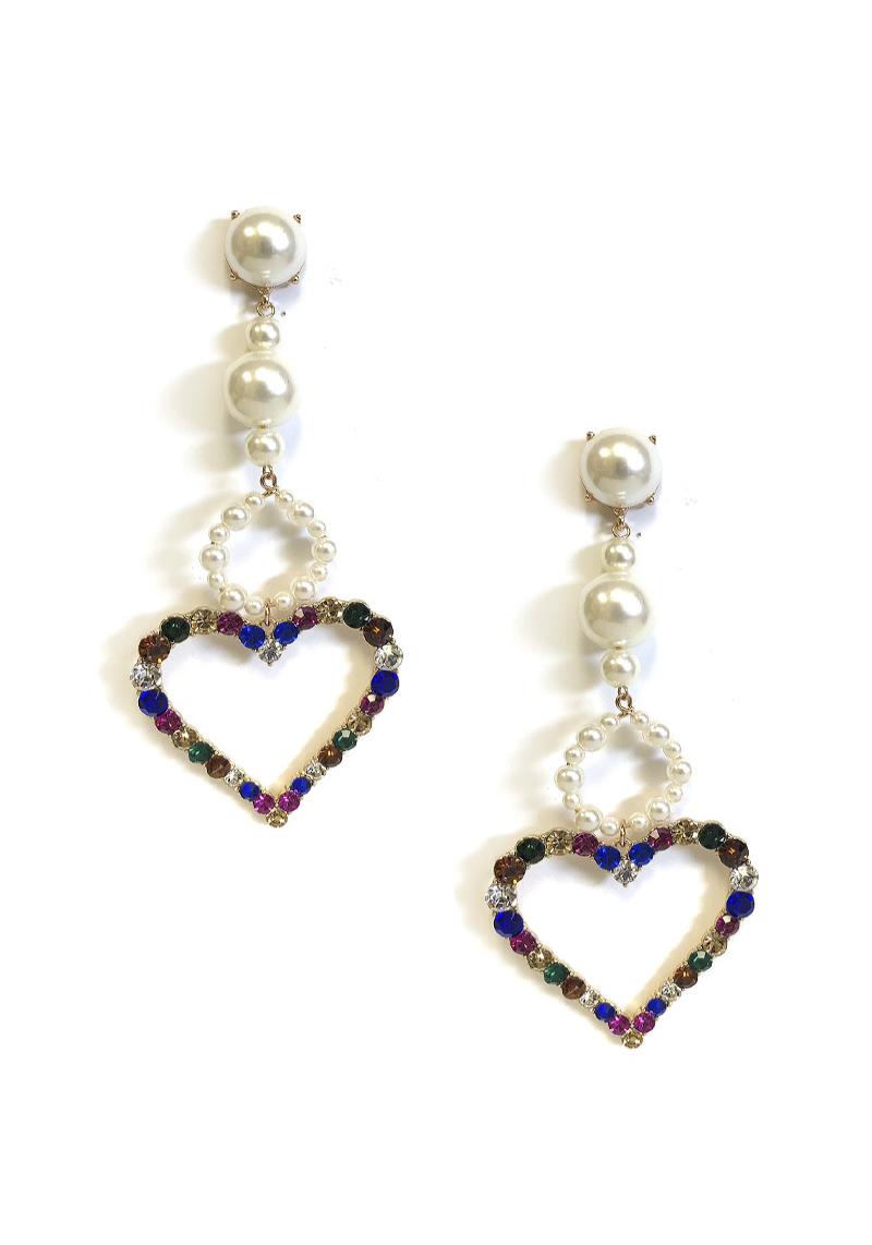 PEARL ROUND RHINESTONE HEART DROP EARRING