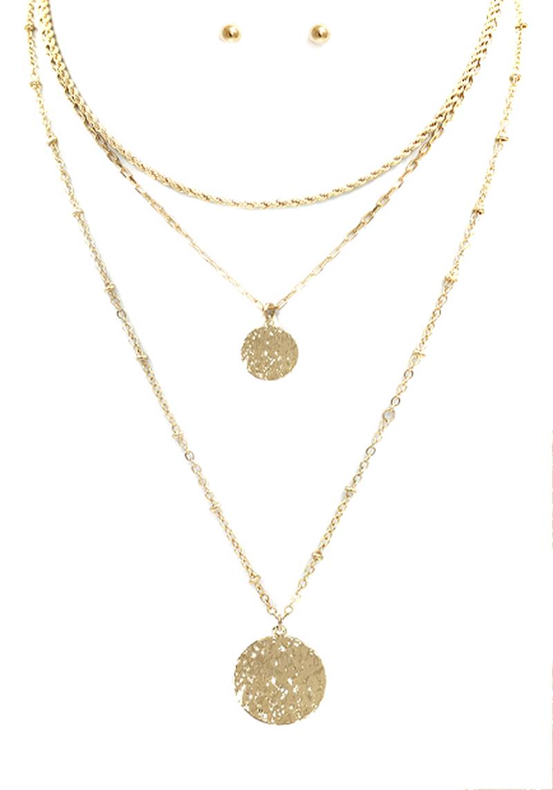 METAL CHAIN CIRCLE PENDANT TRIPLE NECKLACE AND EARRING SET