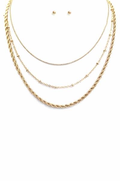 METAL CHAIN MIX 3 LAYERED NECKLACE EARRING SET