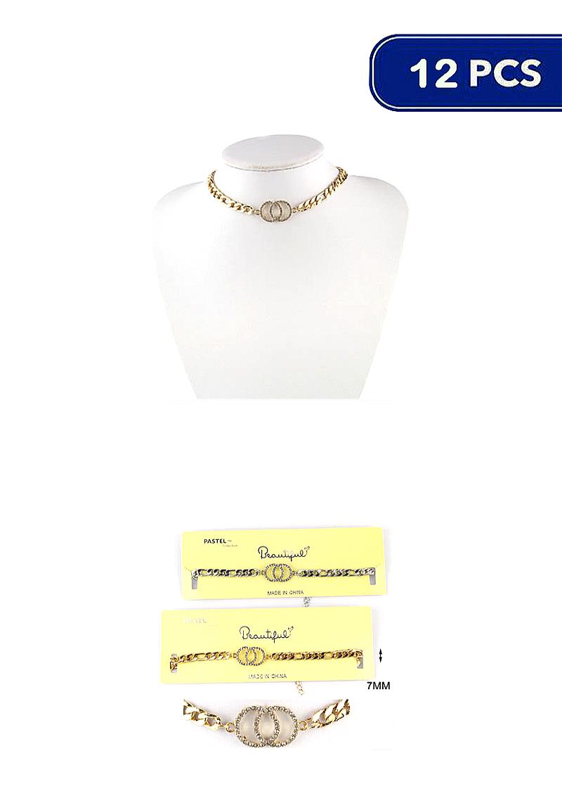DOUBLE CIRCLE RING METAL LINK CHAIN CHOKER NECKLACE (12 UNITS)