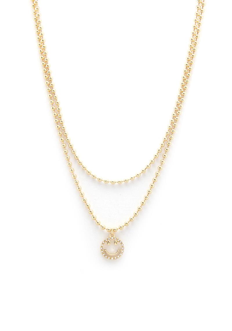 DAINTY HAPPY FACE CHARM BALL CHAIN LAYERED NECKLACE