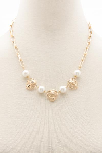 LION HEAD PEARL BEAD OVAL LINK NECKLACE
