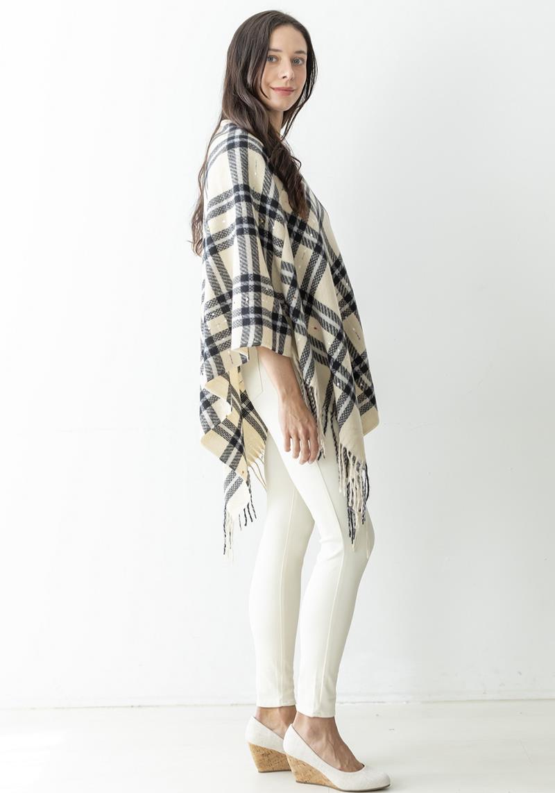 PLAID STITCH PONCHO W/ TASSELS