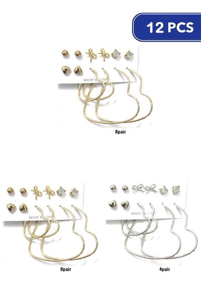 FASHION STUD & HEART HOOP EARRING 6 PAIR SET (12 UNITS)