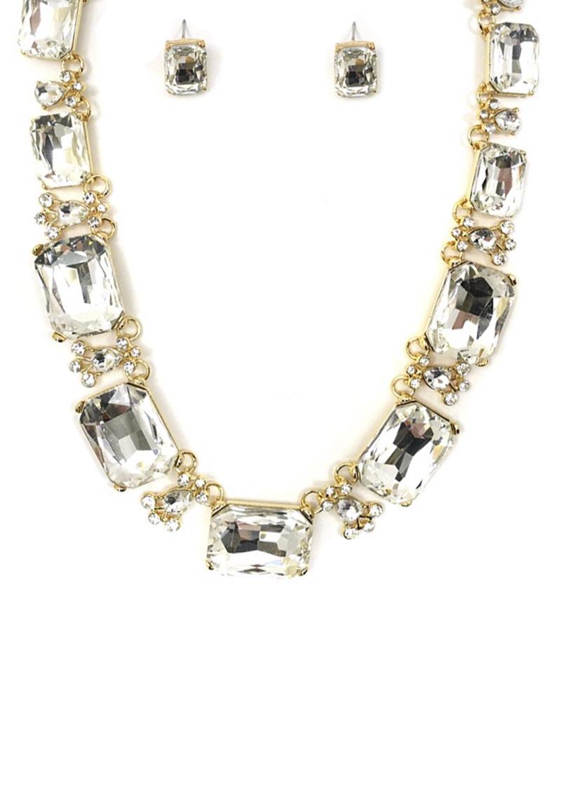WIDE RHINESTONE STATEMENT NECKLACE EARRING SET