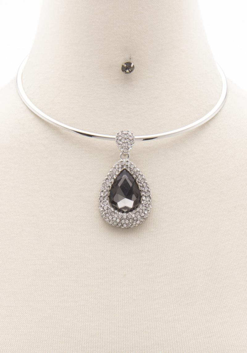 METAL WIDE TEARDROP STONE PENDANT NECKLACE EARRING SET