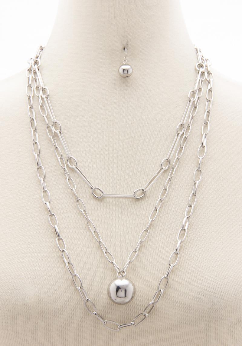 METAL CHAIN 3 LAYERED NECKLACE EARRING SET