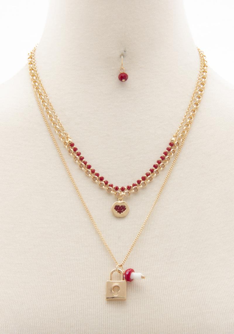 3 LAYERED METAL CHAIN LOCK AND KEY PENDANT NECKLACE EARRING SET