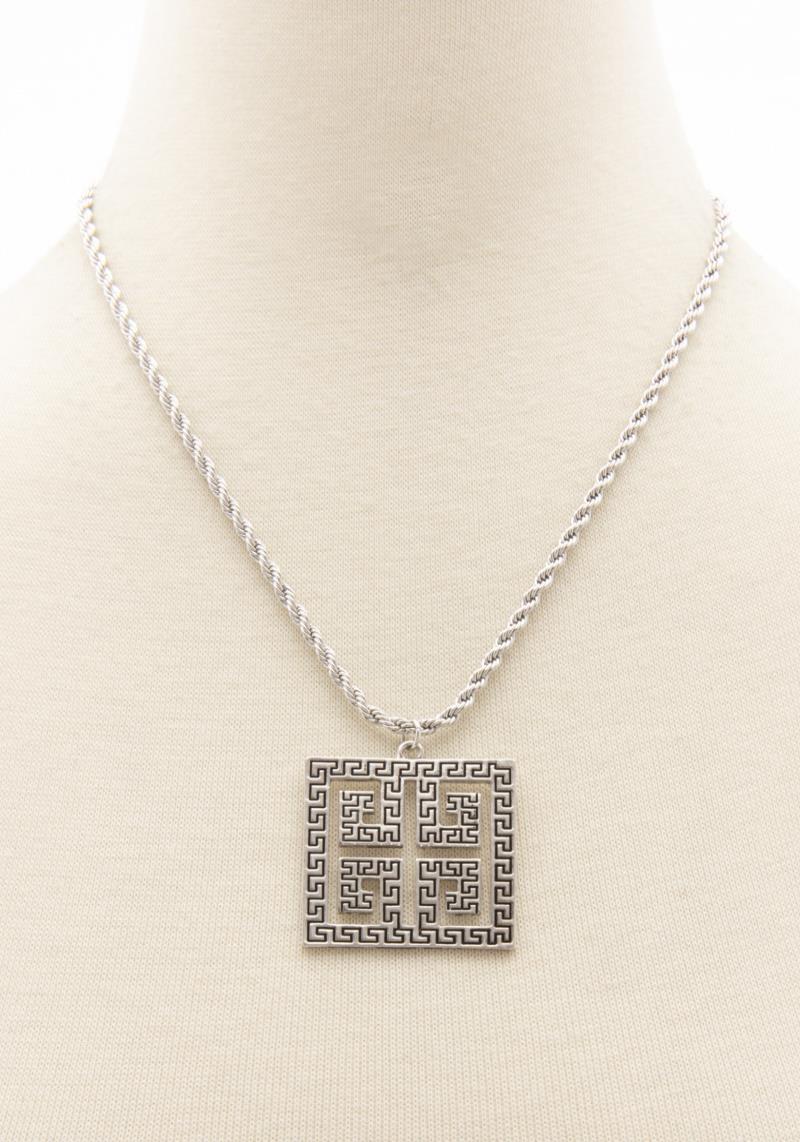 GREEK PATTERN SQUARE PENDANT ROPE LINK NECKLACE
