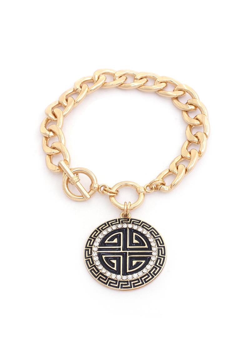 RHINESTONE GREEK PATTERN CURB LINK TOGGLE CLASP BRACELET