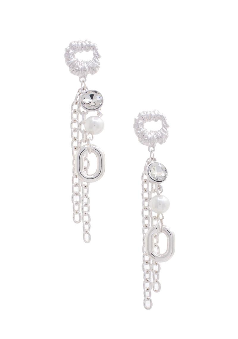 METAL CHAIN PEARL BEAD DANGLE EARRING