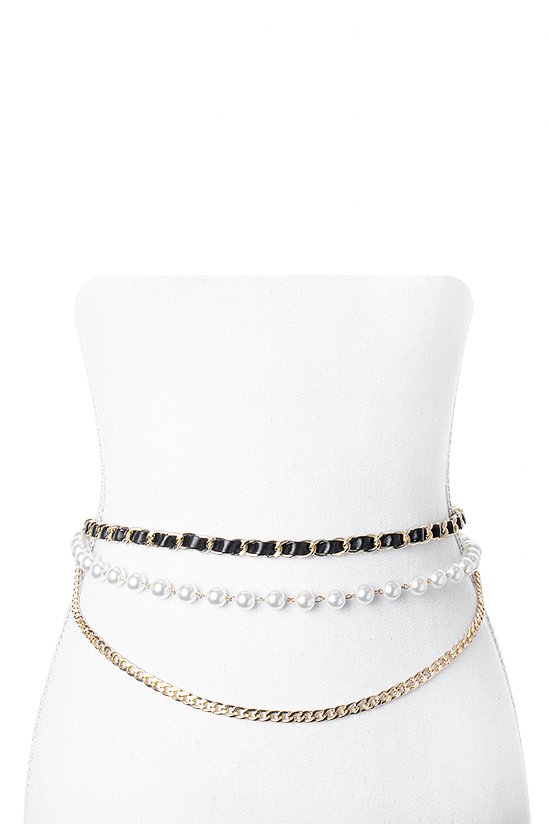 FAUX LEATHER CHAIN PEARL BEAD LAYERED BELT
