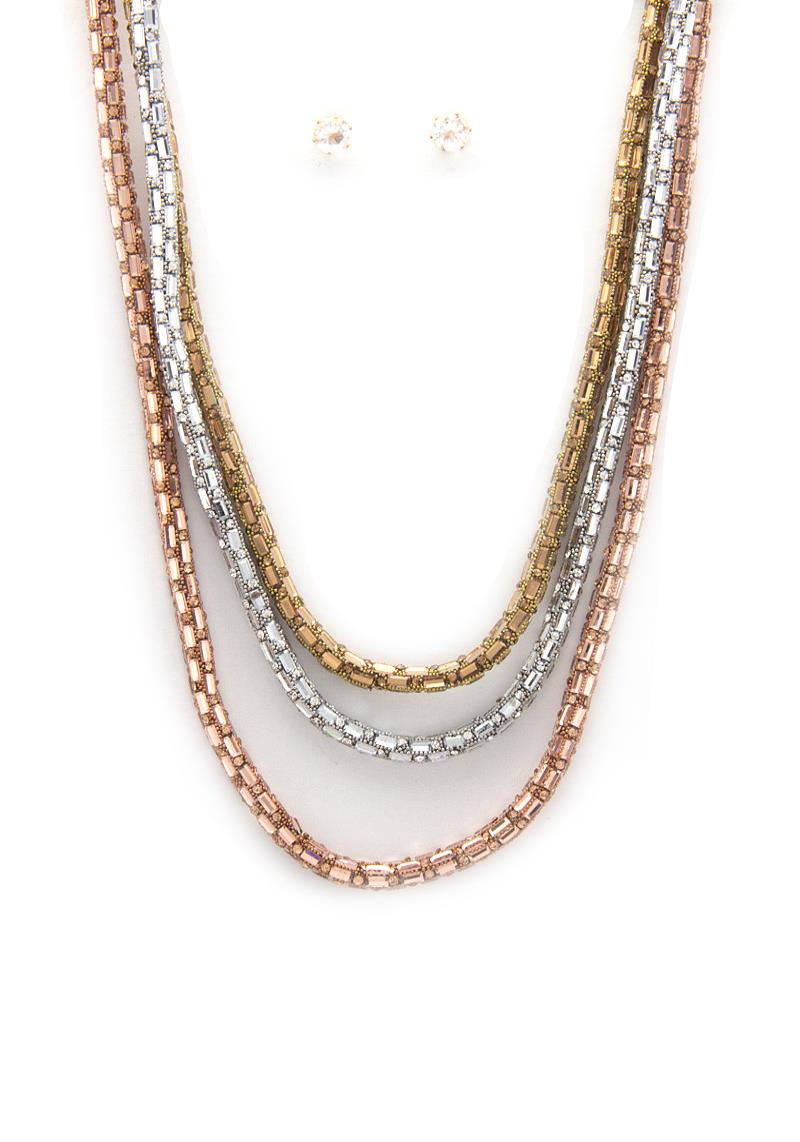 TRIPLE TONE RHINESTONE LAYERED NECKLACE