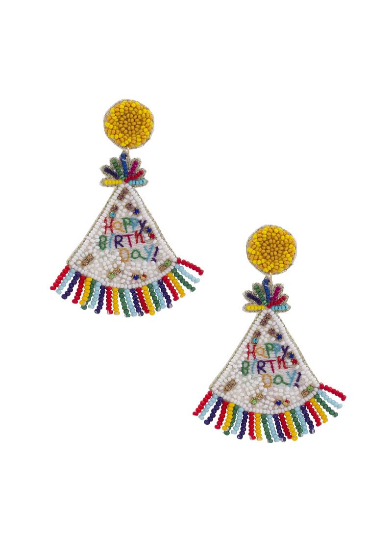 HAPPY BIRTHDAY HAT SEED BEAD EARRING