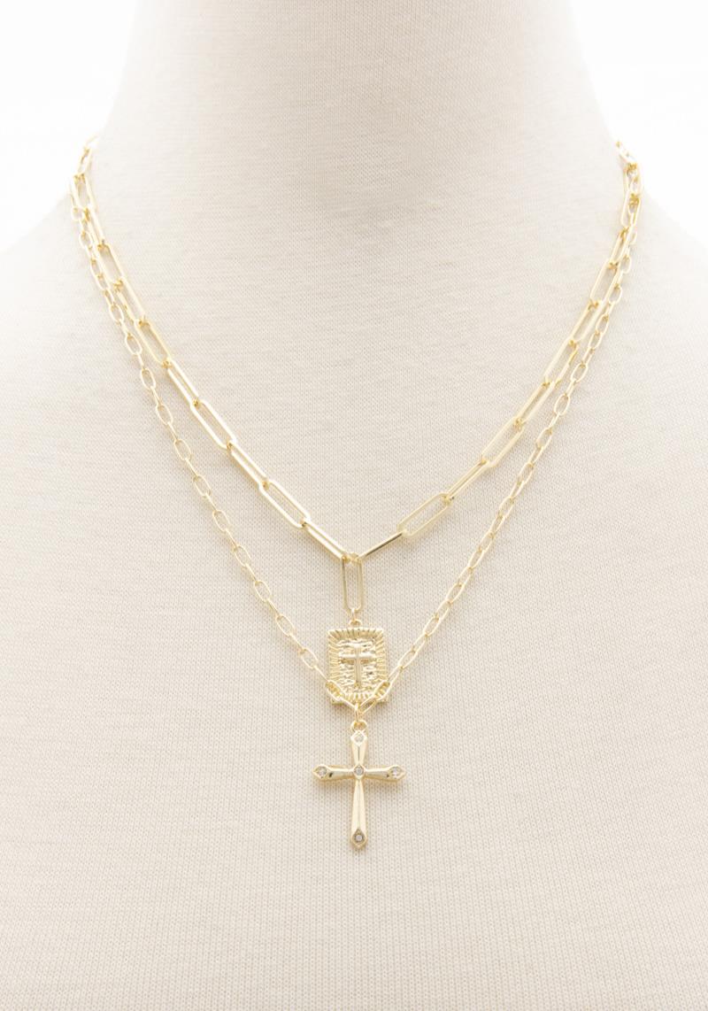 CROSS OVAL LINK LAYERED NECKLACE