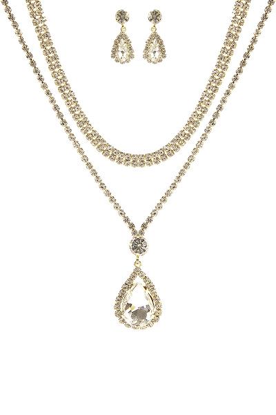 DANGLE TEAR CRYSTAL 2 NECKLACE AND EARRING SET