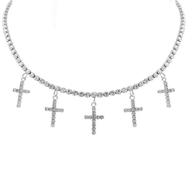 RHINESTONE 5 CROSS CHOKER COLLAR