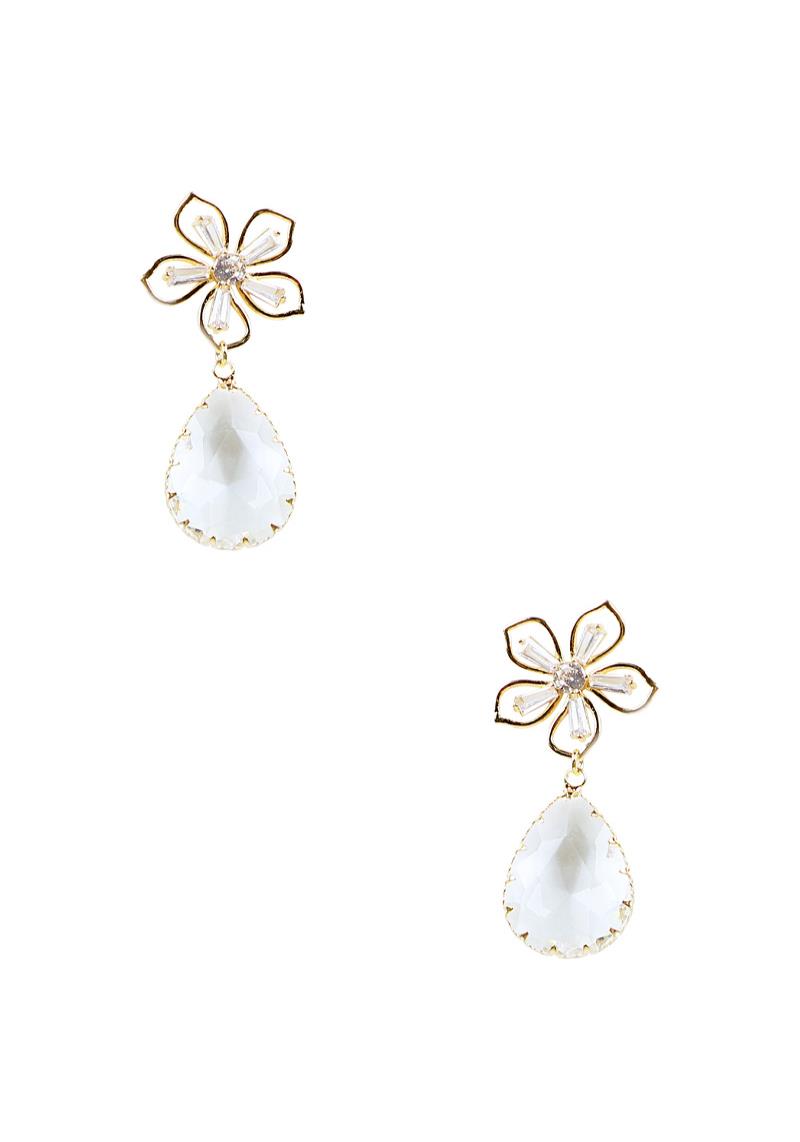 METAL FLOWER TEARDROP STONE DANGLE EARRING