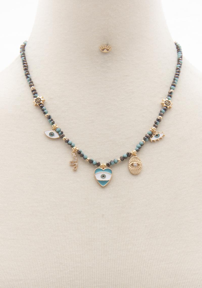 HEART EYE CHARM BEADED NECKLACE