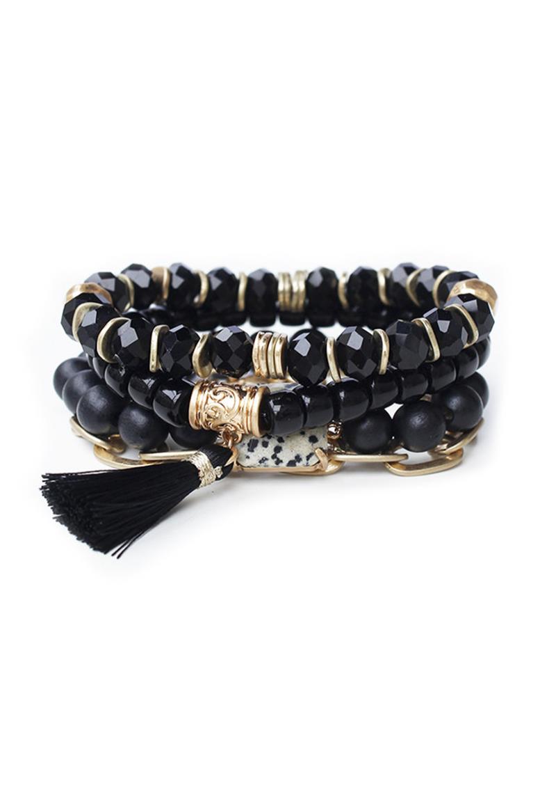WOOD GLASS BEAD STRETCH BRACELET SET