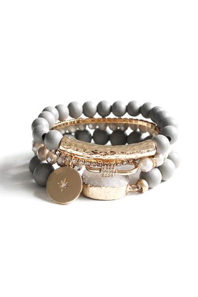 WOOD METAL STONE CHARM STRETCH MULTI BRACELET SET