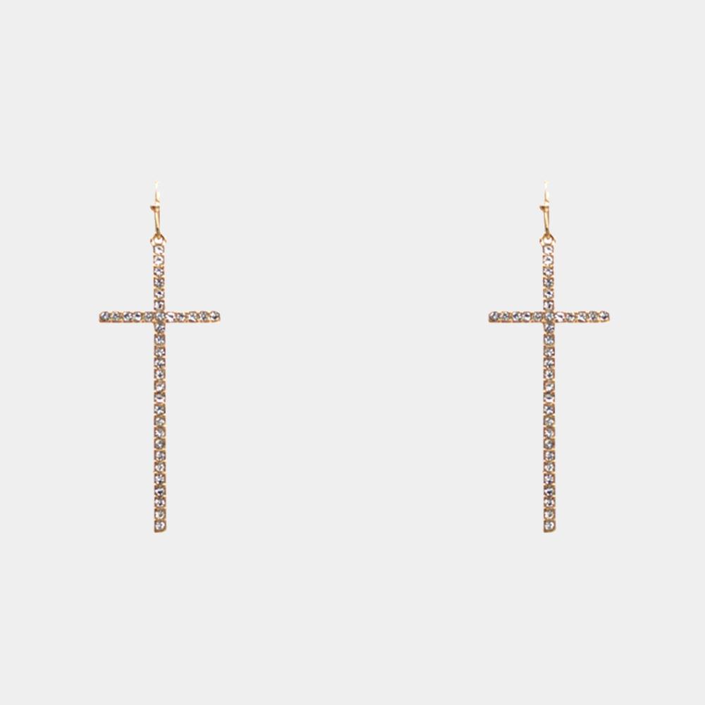 RHINESTONE CROSS DANGLE EARRING