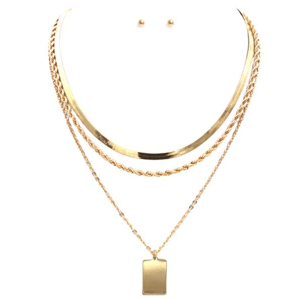 SQUARE TAG FLAT SNAKE CHAIN ROPE LINK LAYERED NECKLACE