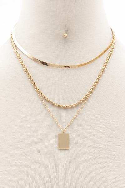 SQUARE TAG FLAT SNAKE CHAIN ROPE LINK LAYERED NECKLACE