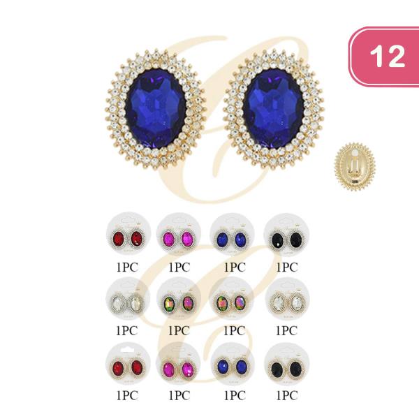 FASHION COLOR STONE CLIPS EARRING (12 UNITS)