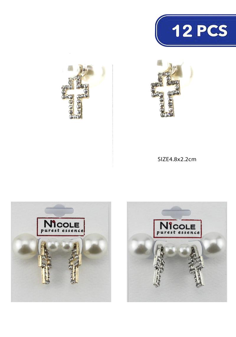 FASHION RHINESTONE CROSS PEARL BACK EARRING (12 UNITS)