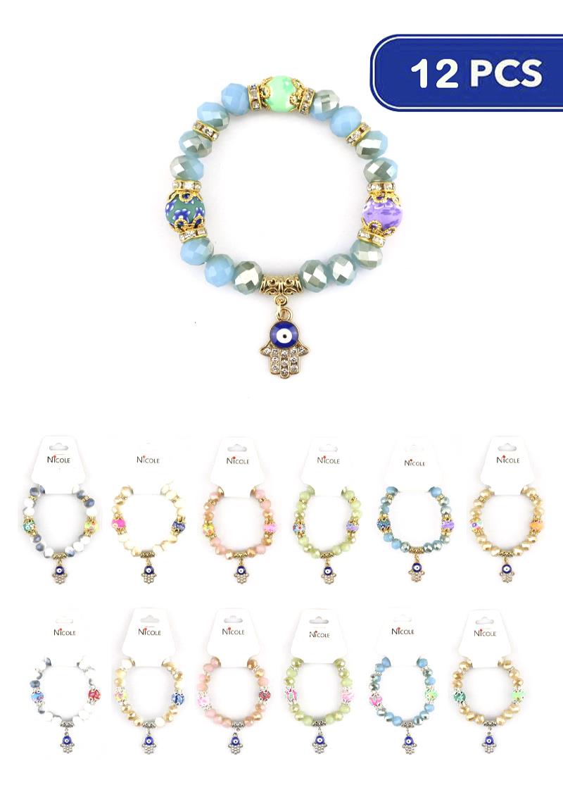 FASHION GLASS MULTI MIX BEAD HAMSA STRETCH BRACELET (12 UNITS)