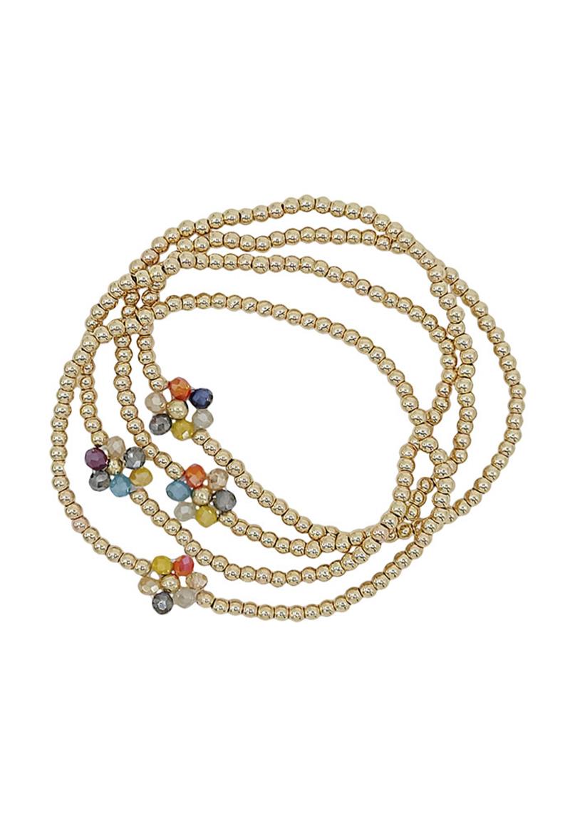 METAL GLASS BEAD FLOWER STRETCH BRACELET SET
