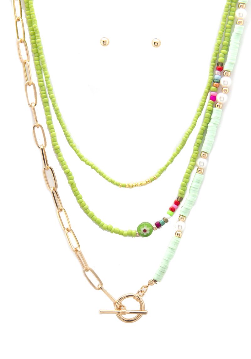 3 LAYERED SEED BEAD METAL MIX NECKLACE EARRING SET