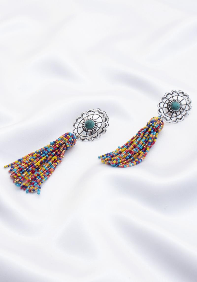 SEED BEAD TASSEL WESTERN STYLE TURQUOISE STONE DANGLE EARRING