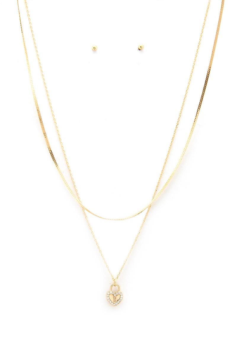 RHINESTONE HEART LOCK CHAIN LAYER NECKLACE AND EARRING SET