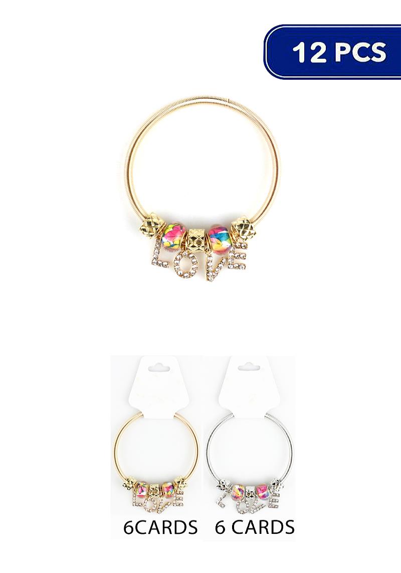 FASHION RHINESTONE LOVE DANGLE METAL BRACELET (12 UNITS)