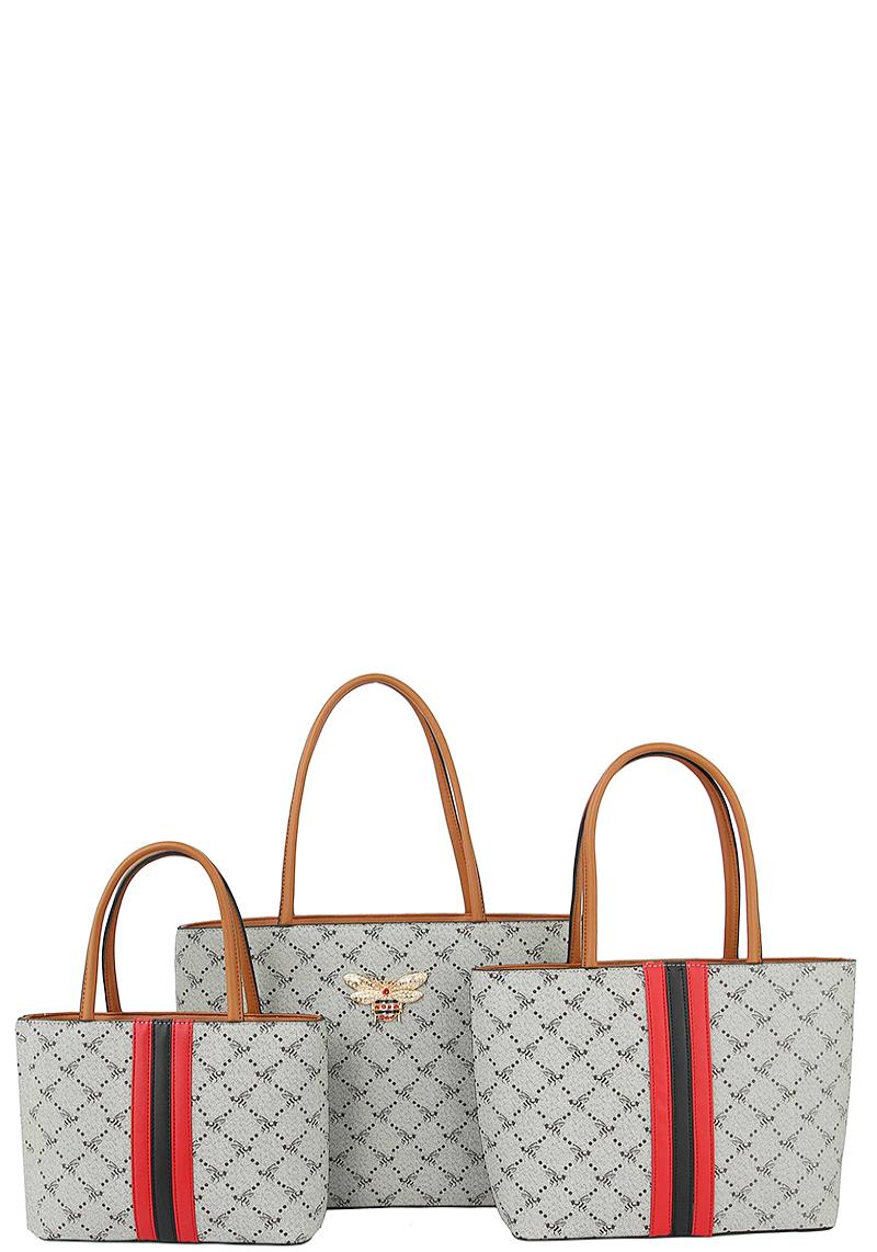 3IN1 MONOGRAM PLAIN STRIPE TOTE BAG WITH MATCHING BAGS SET