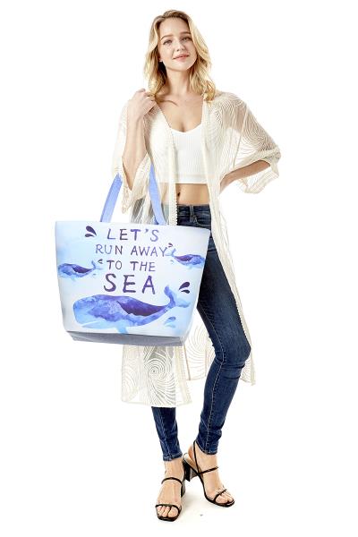 `LET`S RUN AWAY TO THE SEA` WHALE TOTE BAG