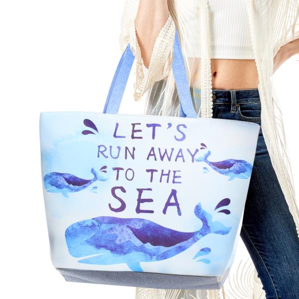 `LET`S RUN AWAY TO THE SEA` WHALE TOTE BAG