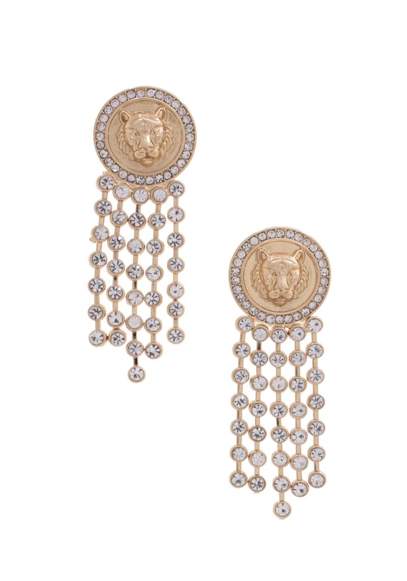 LION HEAD DISC RHINESTONE DANGLE EARRING