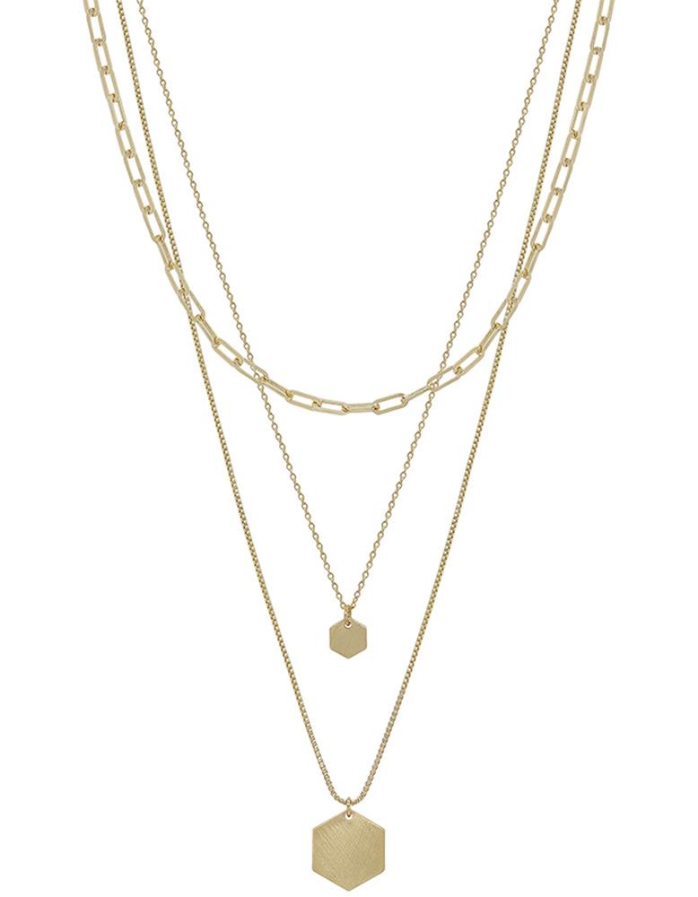 3 LAYERED HEXAGON DOUBLE CHARM SNK SATIN MATTE GOLD NECKLACE