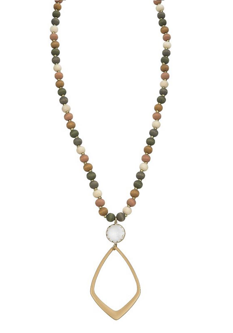 WOOD BEAD METAL PENDANT LONG NECKLACE