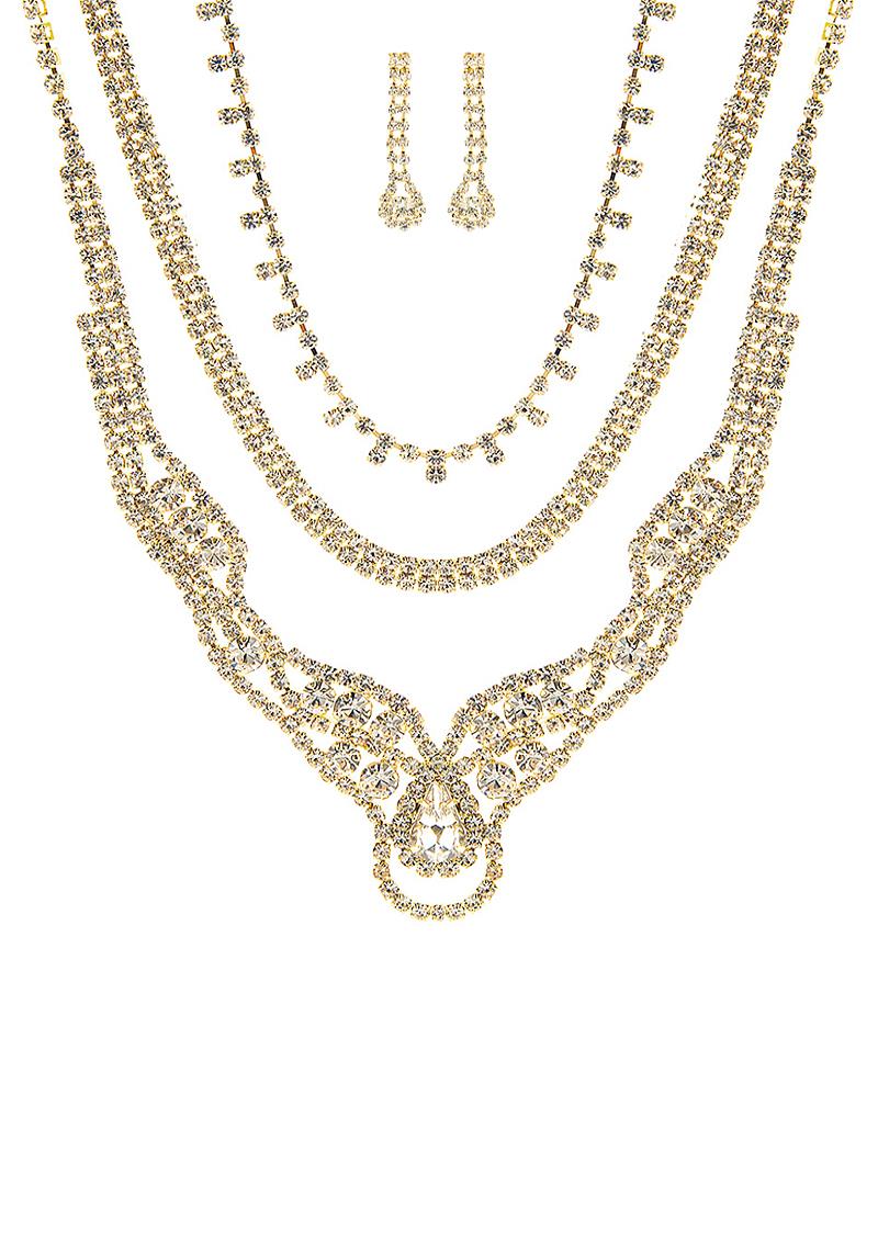 GOLD CHOKER 3 LAYER DANGLE NECKLACE AND EARRING SET