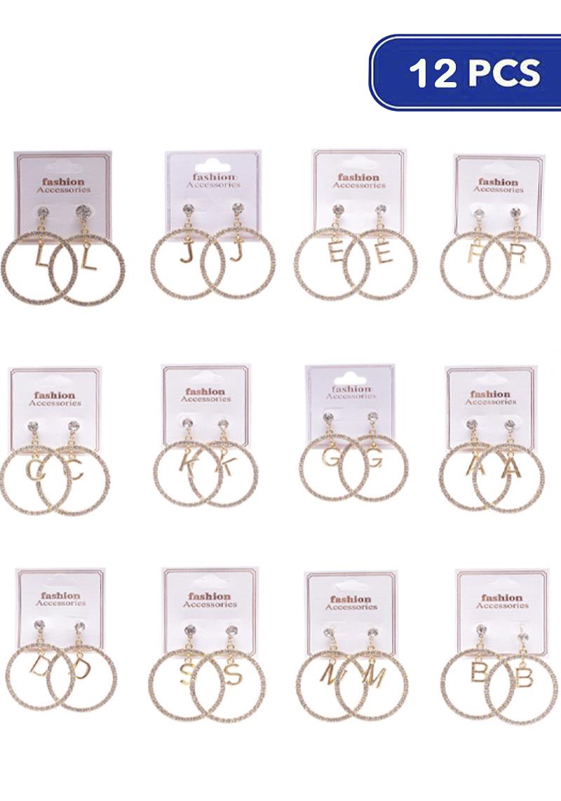 FASHION RHINESTONE INITIAL ROUND DANGLE EARRING (12 UNITS)