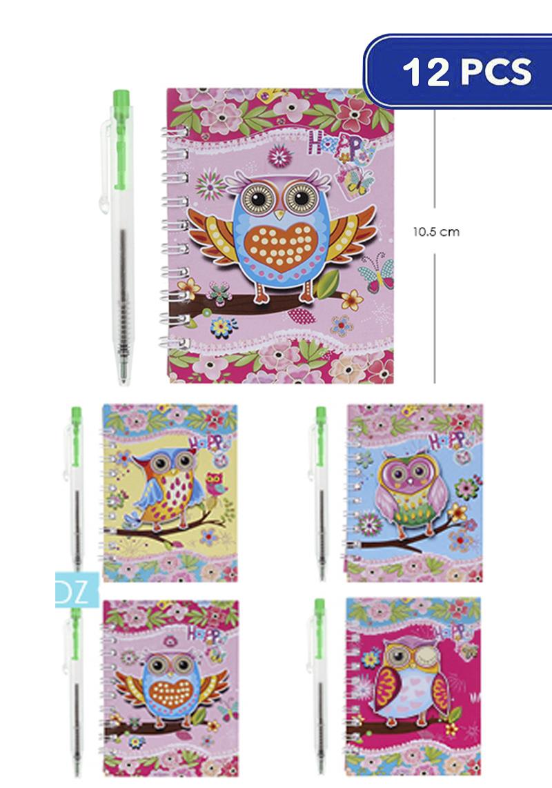 FASHION OWL NOTEBOOK PEN SET (12 UNITS)