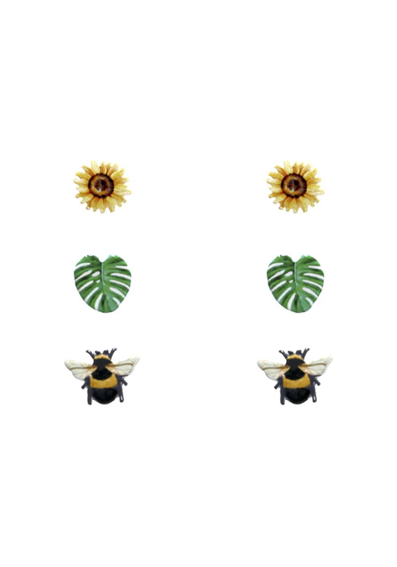 FLOWER LEAF BEE STUD EARRING 3 PAIR SET