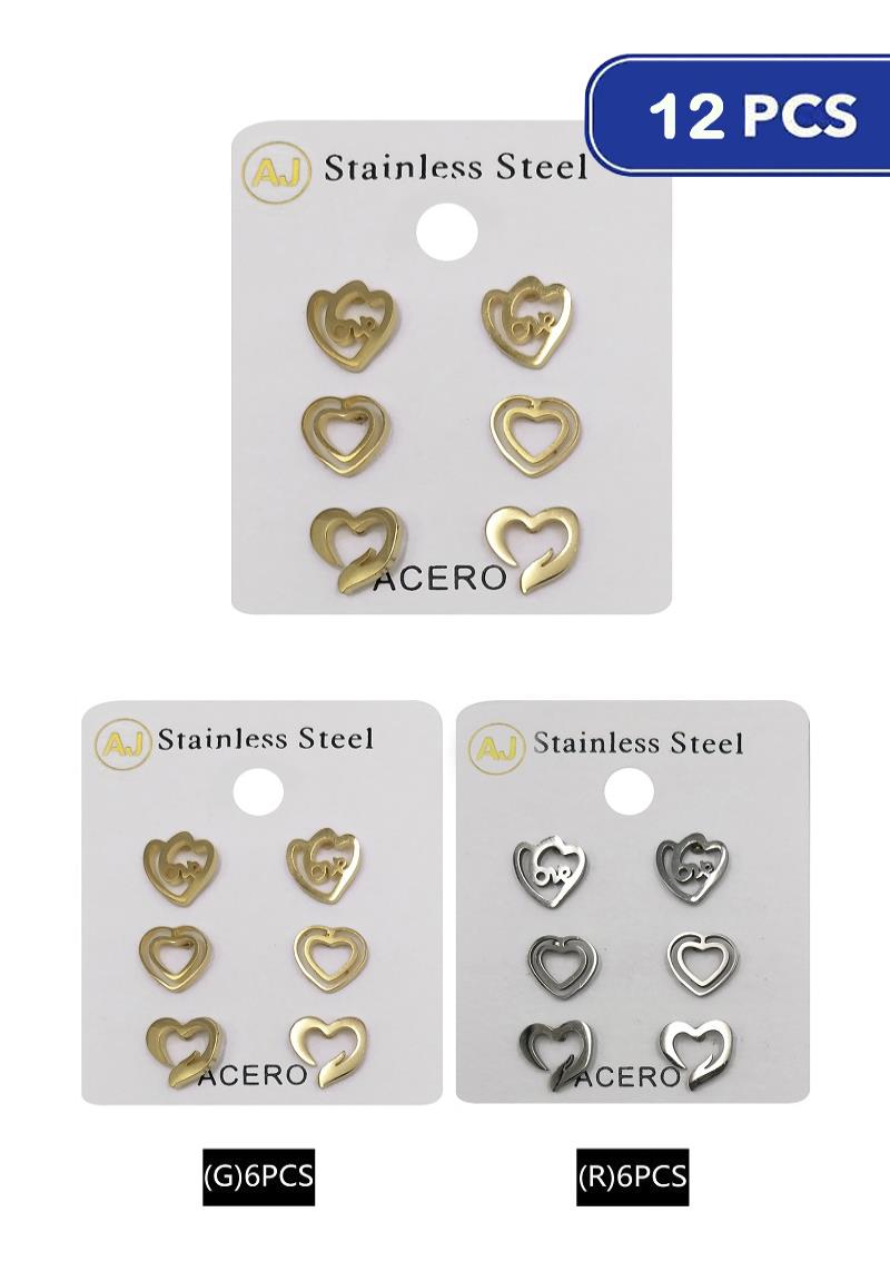 FASHION STAINLESS STEEL HEART STUD EARRING 3 PAIR SET (12 UNITS)