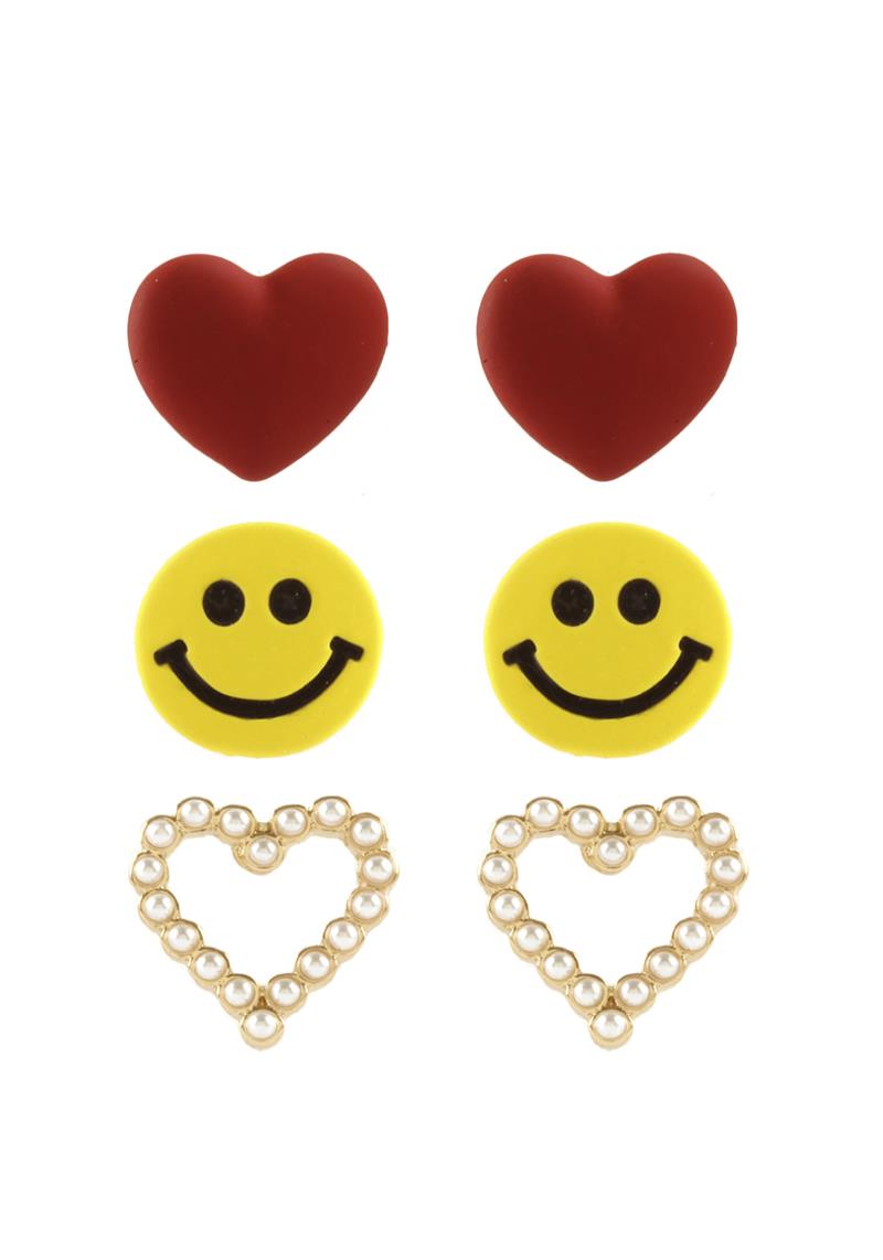 HEART HAPPY FACE HEART STUD EARRING 3 PAIR SET