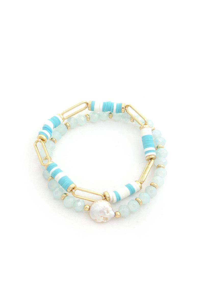 RUBBR DISC OVAL LINK PEARL BEAD BRACELET SET